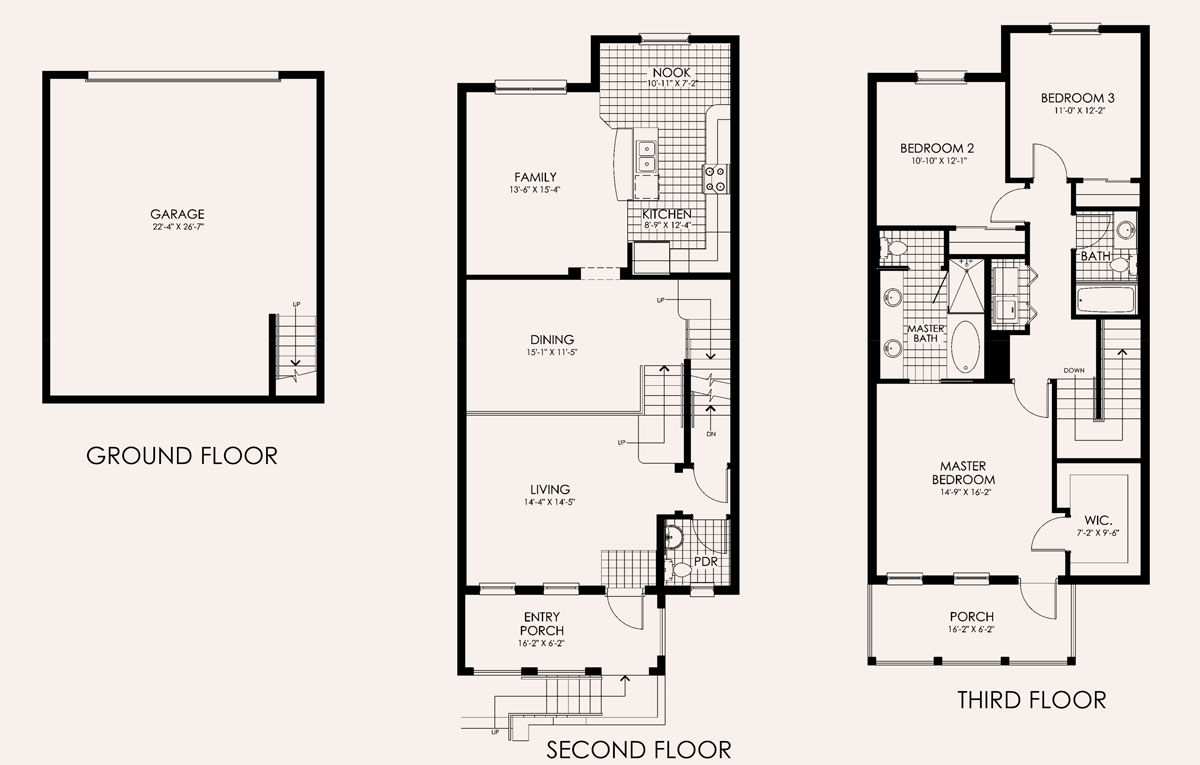 Santa Barbara Townhome Floor Plan in Paseo, 3 bedroom, 2.5 bath, living room, dining room, family room, 2 porches and 2-car garage